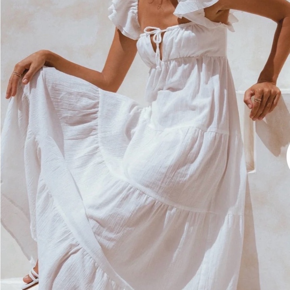 White Ruffle-Shoulder Tiered Maxi Dress